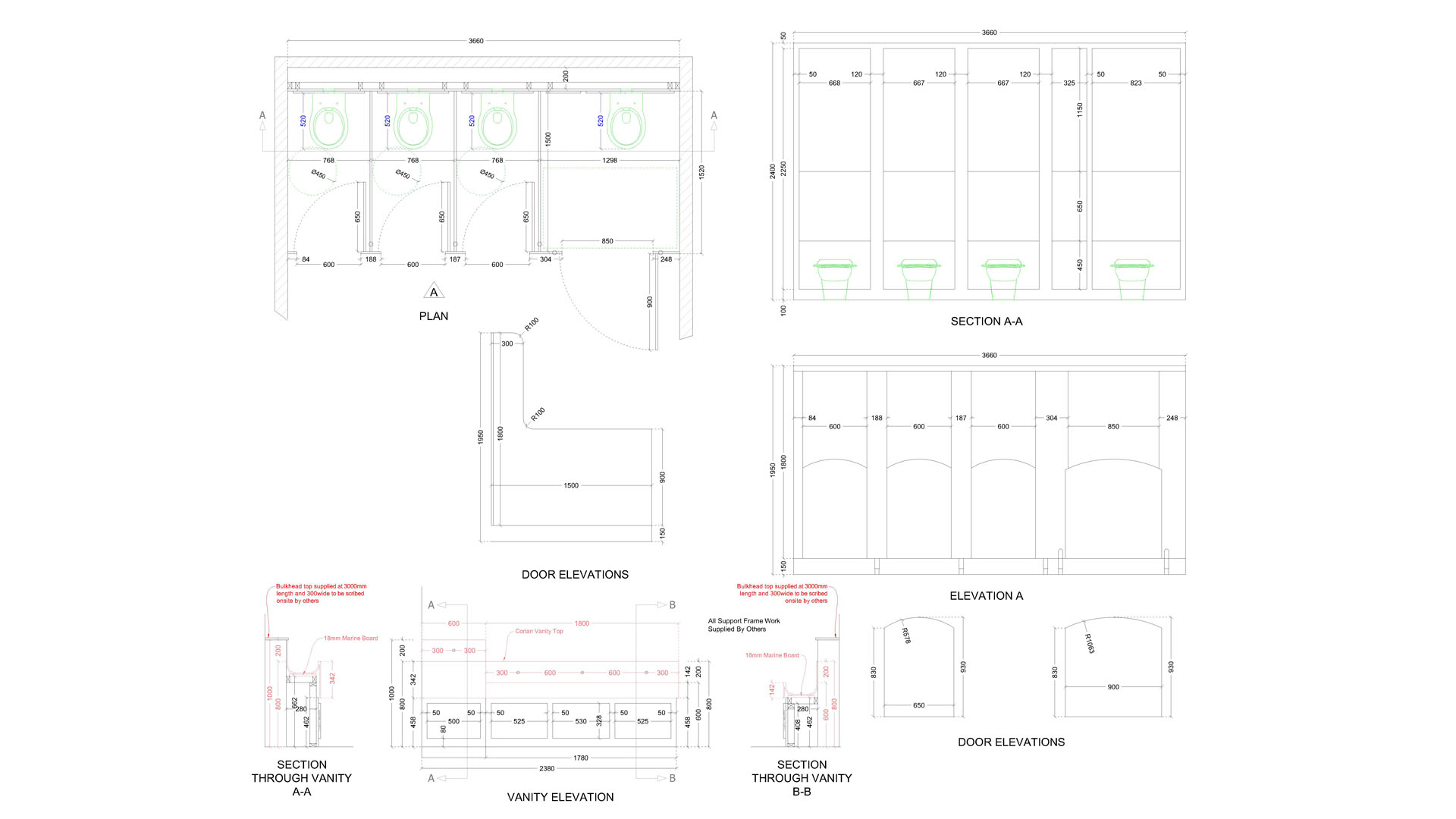 Washroom Pod Alternate Layout, Sections & Vanity Elevations