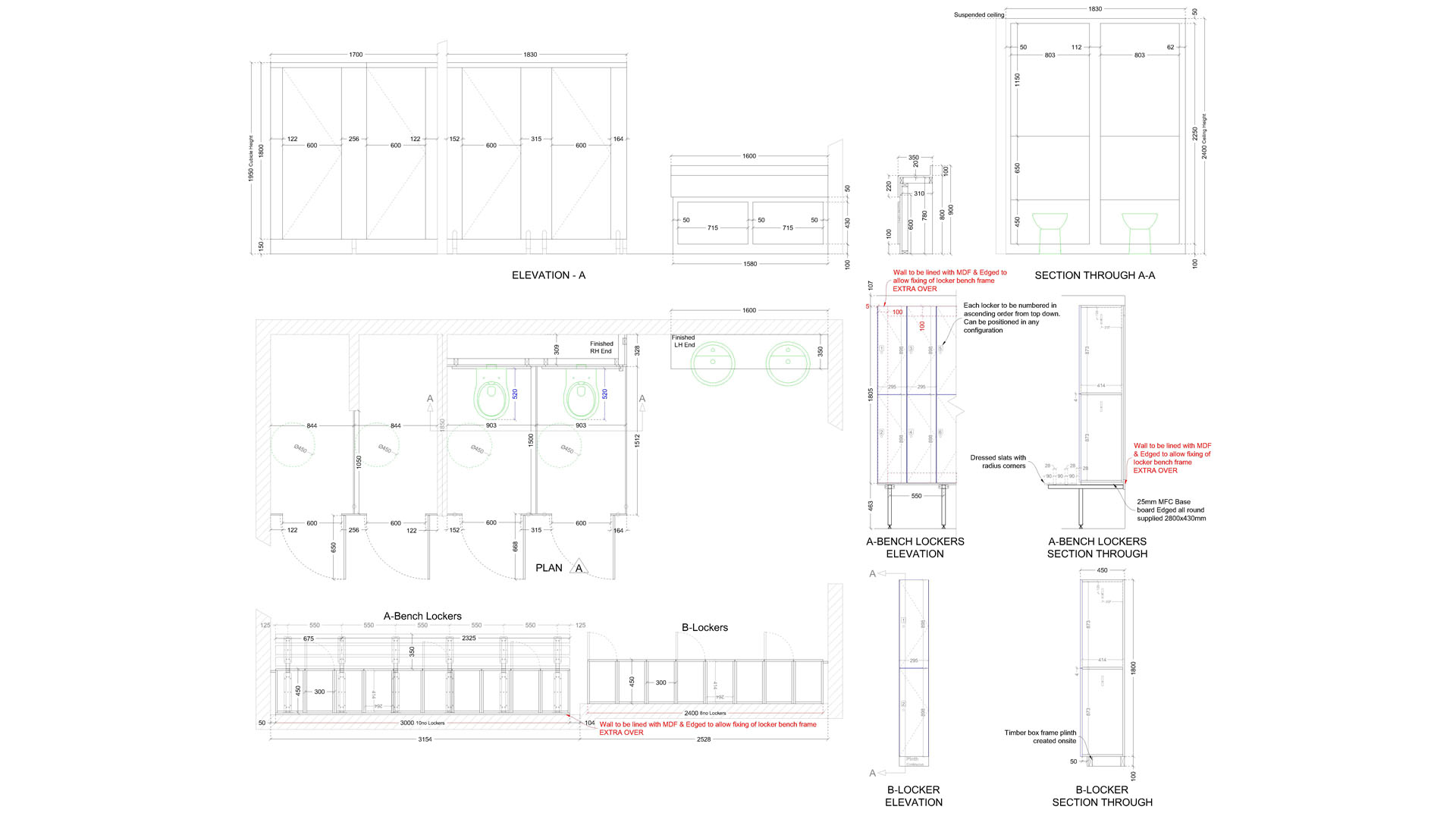 Changing Room Locker & Bench Layout, Elevations & Sections